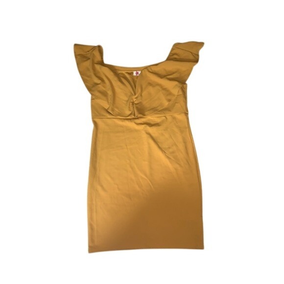 Forever 21 Mustard Yellow Bodycon Dress Off Shoulder Ruffle Short Mini - Picture 2 of 4